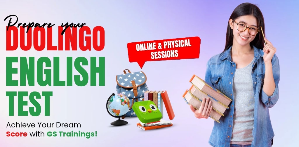 Smiling young woman with books and pencil next to Duolingo owl, globe, and backpack, promoting Duolingo English Test preparation with online & in-person classes.